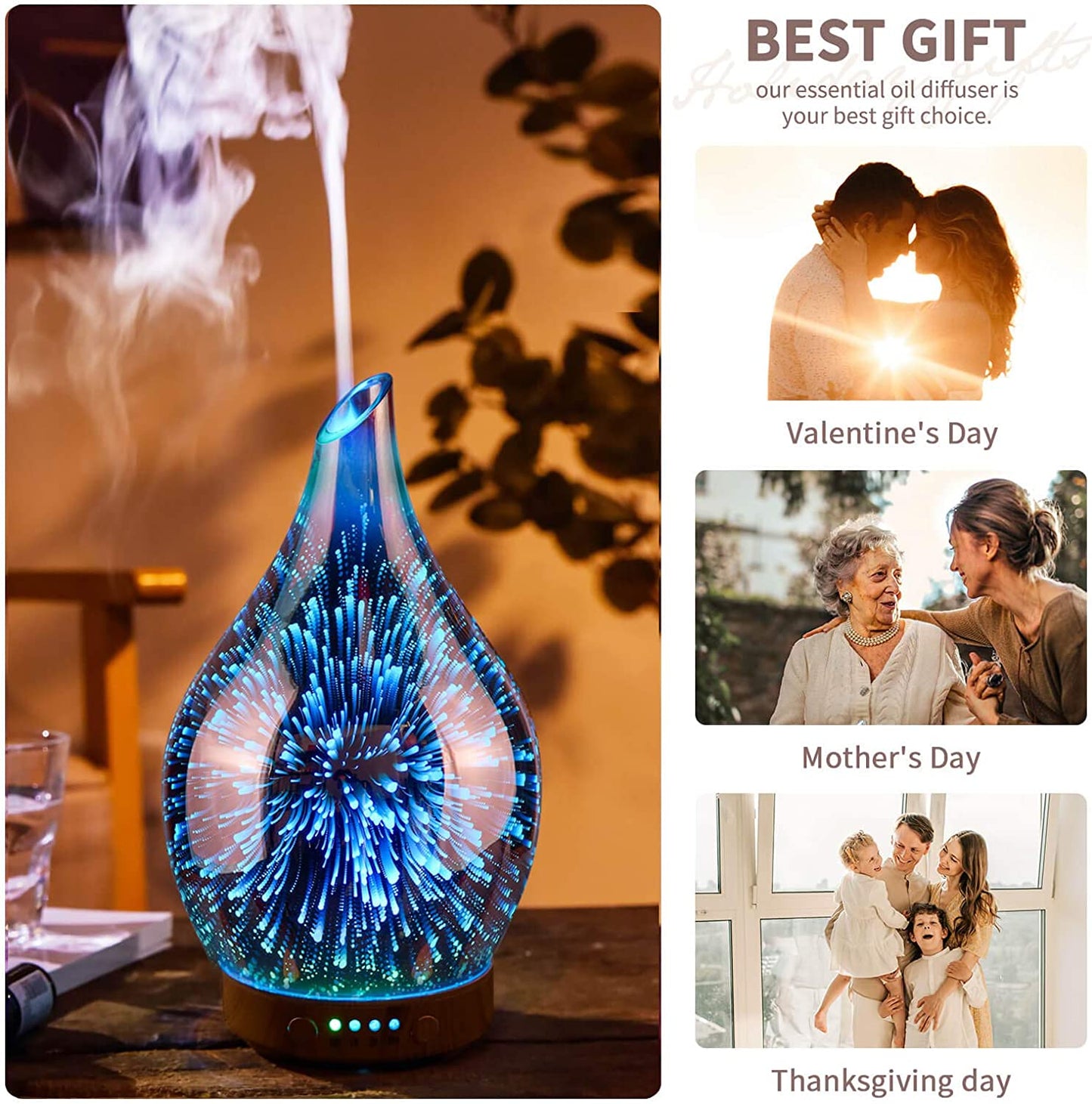 3D Glass Aromatherapy Oil Diffuser, 100ml Ultrasonic Humidifier with Timer & Auto Shut-Off