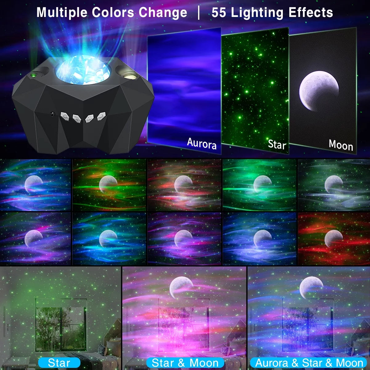 Galaxy Star & Moon Projector with Bluetooth Speaker – 55 Lighting Effects