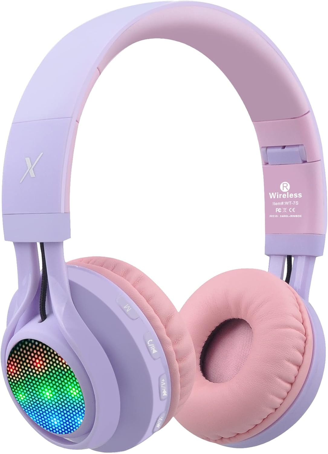 WT-7S Kids Bluetooth Headphones – Foldable, Light-Up Wireless Headset with Mic & Volume Control (Purple)