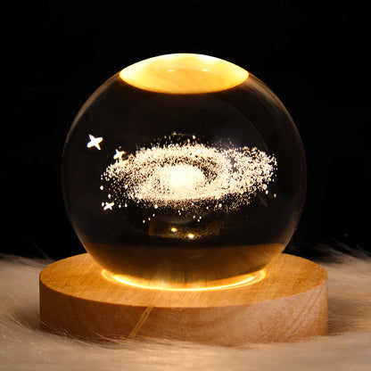 3D Saturn Crystal Ball Night Light with Wooden Base