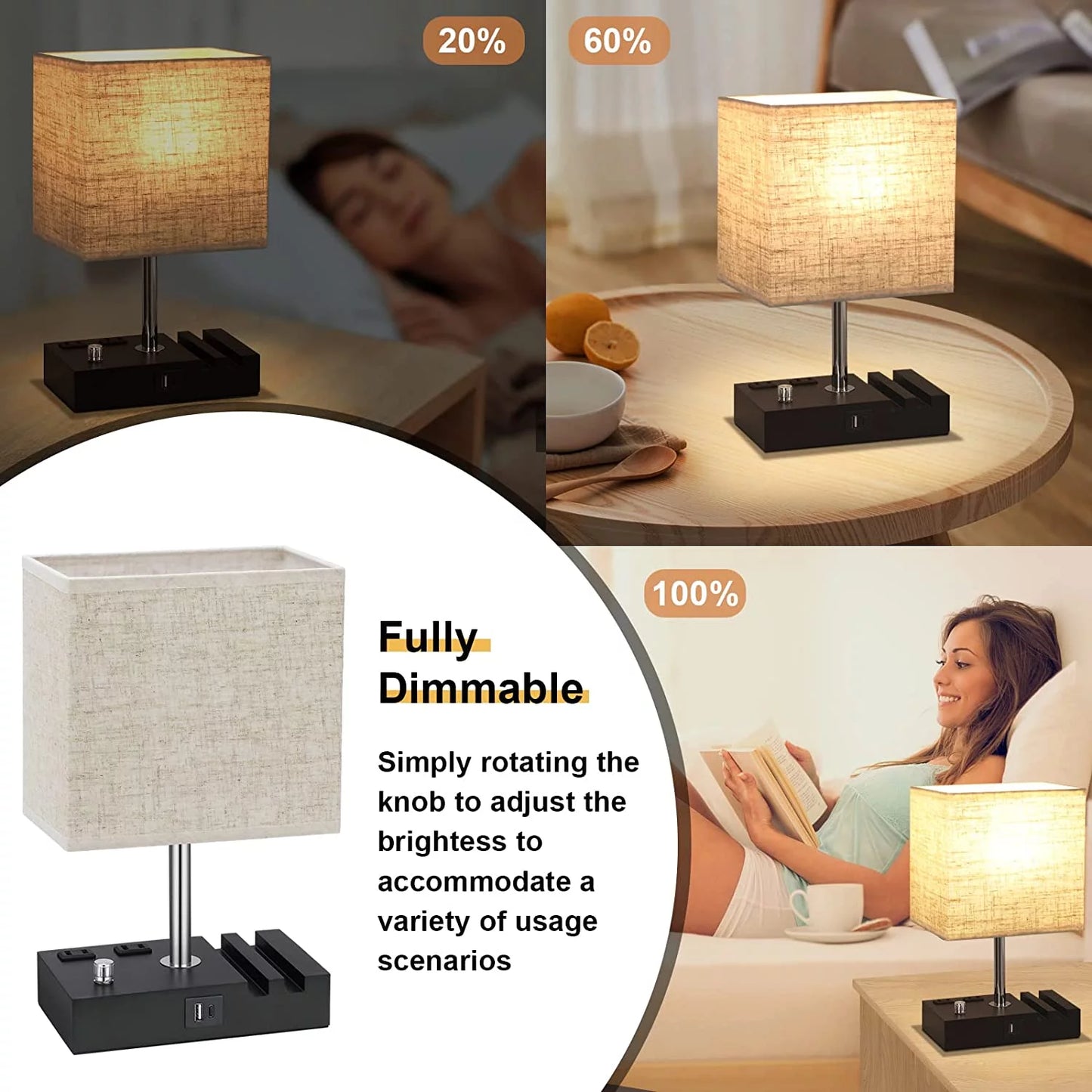 Dimmable Bedside Lamp with USB Charging & Phone Stands