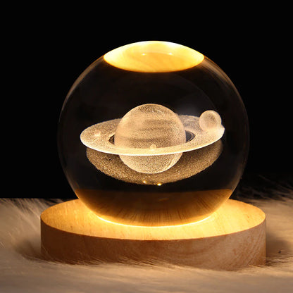 3D Saturn Crystal Ball Night Light with Wooden Base