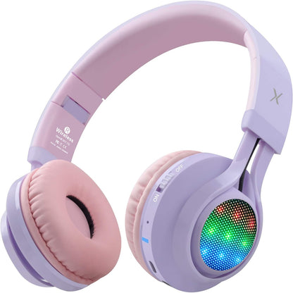 WT-7S Kids Bluetooth Headphones – Foldable, Light-Up Wireless Headset with Mic & Volume Control (Purple)