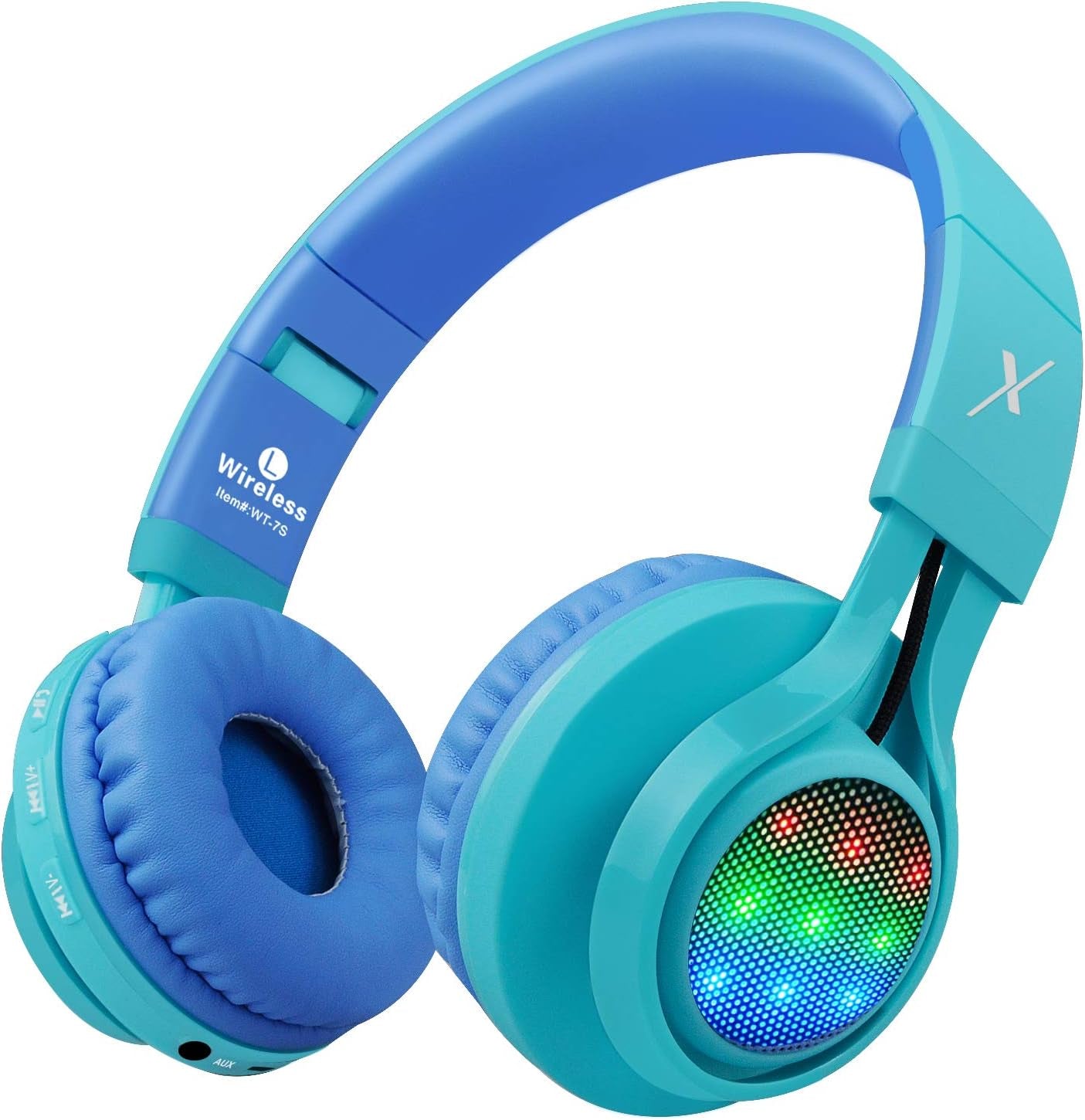 WT-7S Kids Bluetooth Headphones – LED Light-Up, Foldable, Wireless Headset with Mic & Volume Control (Blue)