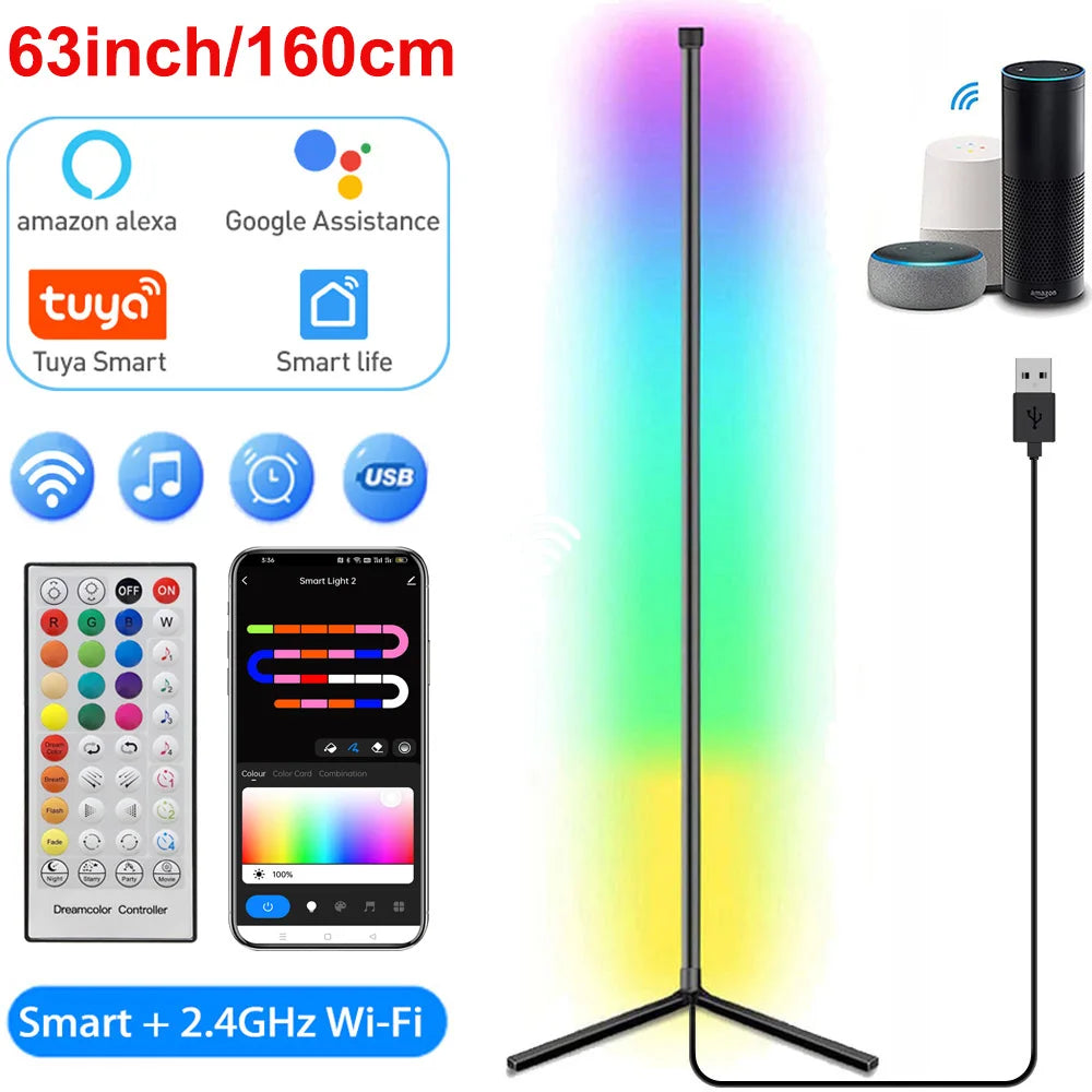 160cm RGB Dimmable Smart Corner Floor Lamp – Modern LED Mood Lighting for Bedroom & Living Room