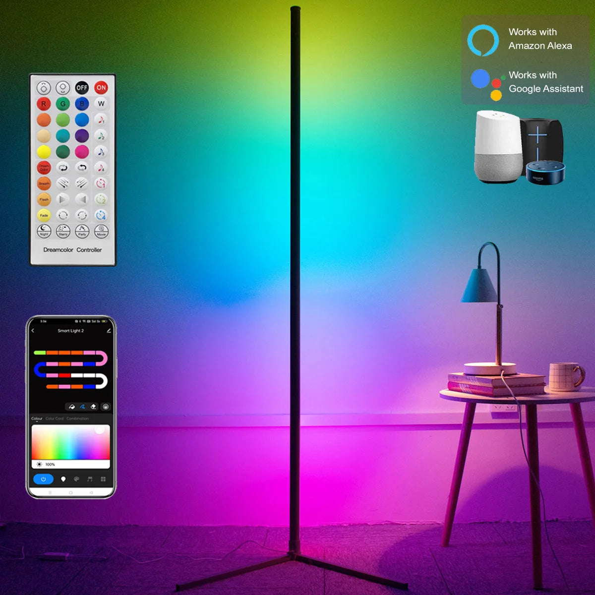 160cm RGB Dimmable Smart Corner Floor Lamp – Modern LED Mood Lighting for Bedroom & Living Room