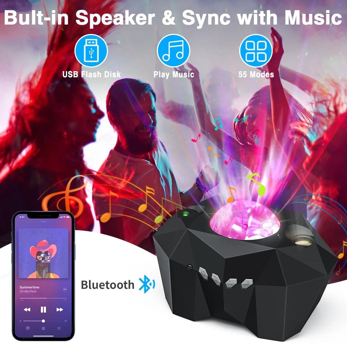 Galaxy Star & Moon Projector with Bluetooth Speaker – 55 Lighting Effects