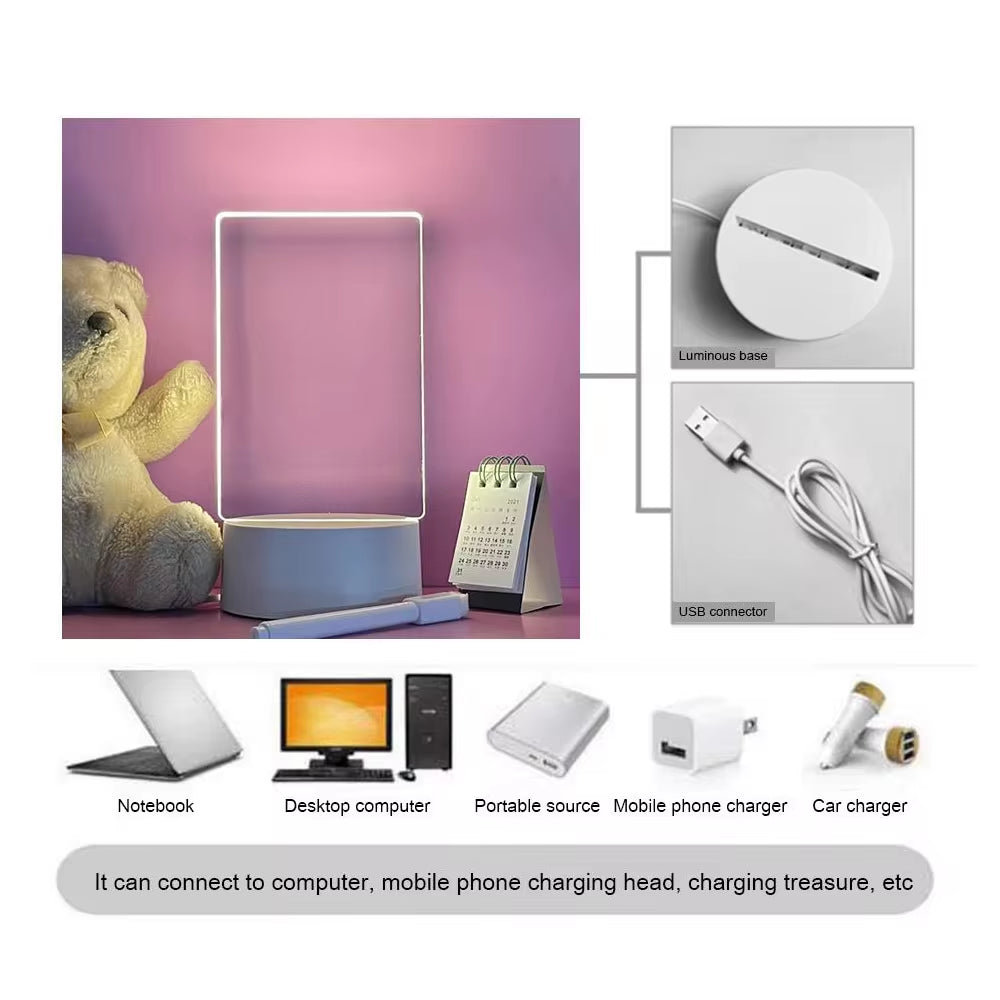 Transparent LED Night Light – USB Acrylic Message Board with Erasable Calendar