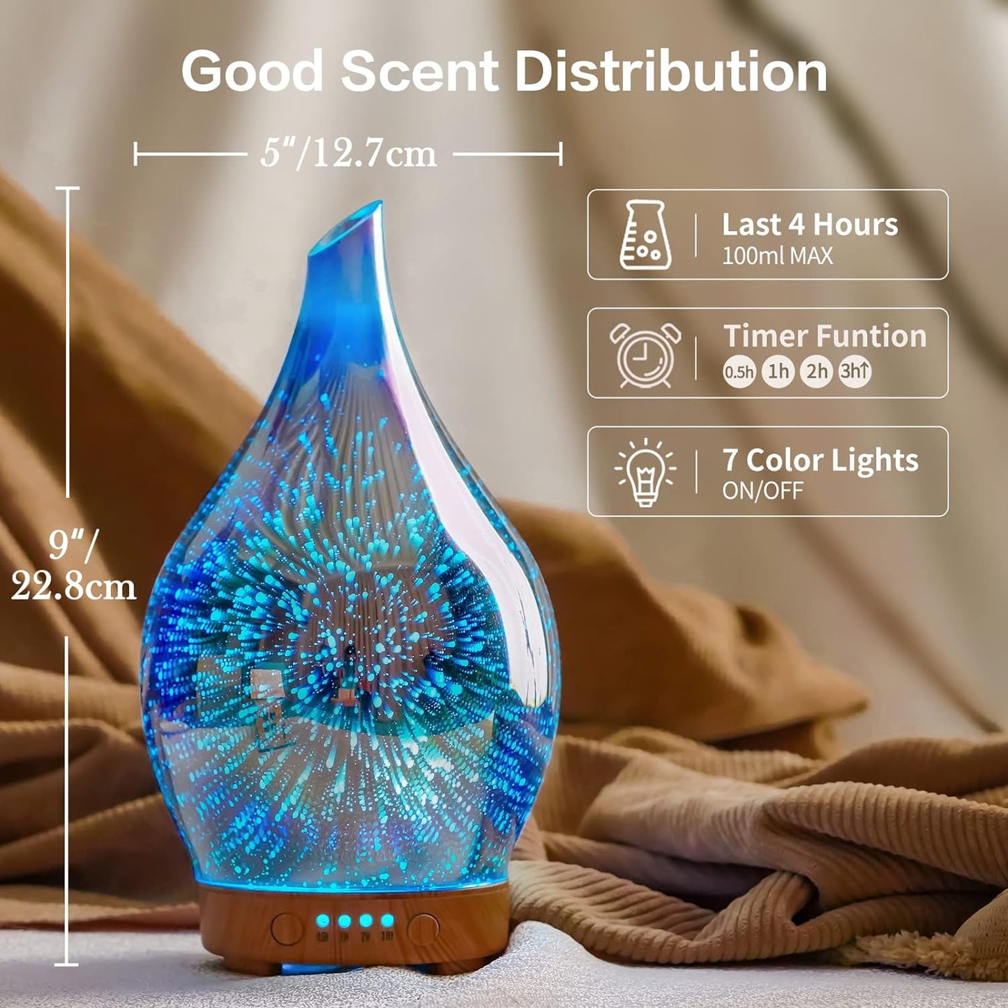 3D Glass Aromatherapy Oil Diffuser, 100ml Ultrasonic Humidifier with Timer & Auto Shut-Off