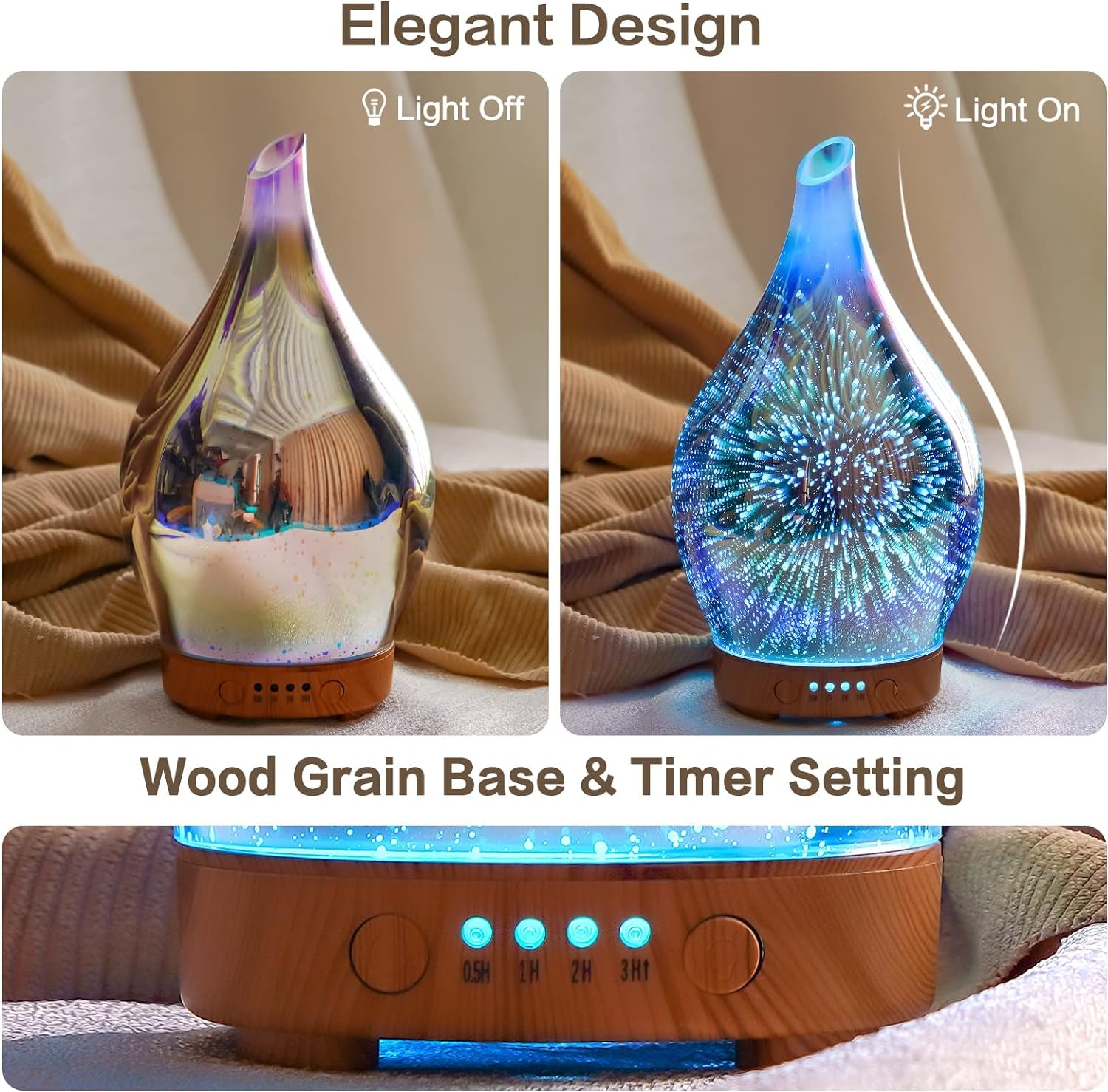 3D Glass Aromatherapy Oil Diffuser, 100ml Ultrasonic Humidifier with Timer & Auto Shut-Off