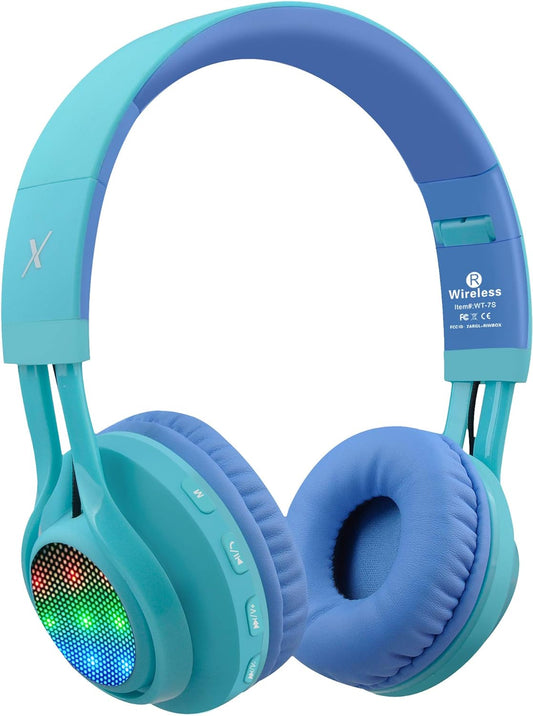 WT-7S Kids Bluetooth Headphones – LED Light-Up, Foldable, Wireless Headset with Mic & Volume Control (Blue)