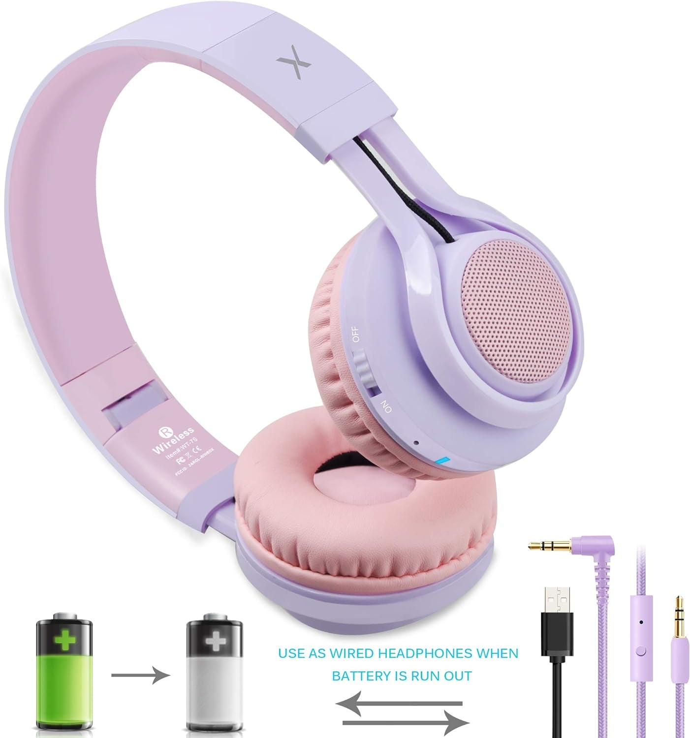 WT-7S Kids Bluetooth Headphones – Foldable, Light-Up Wireless Headset with Mic & Volume Control (Purple)