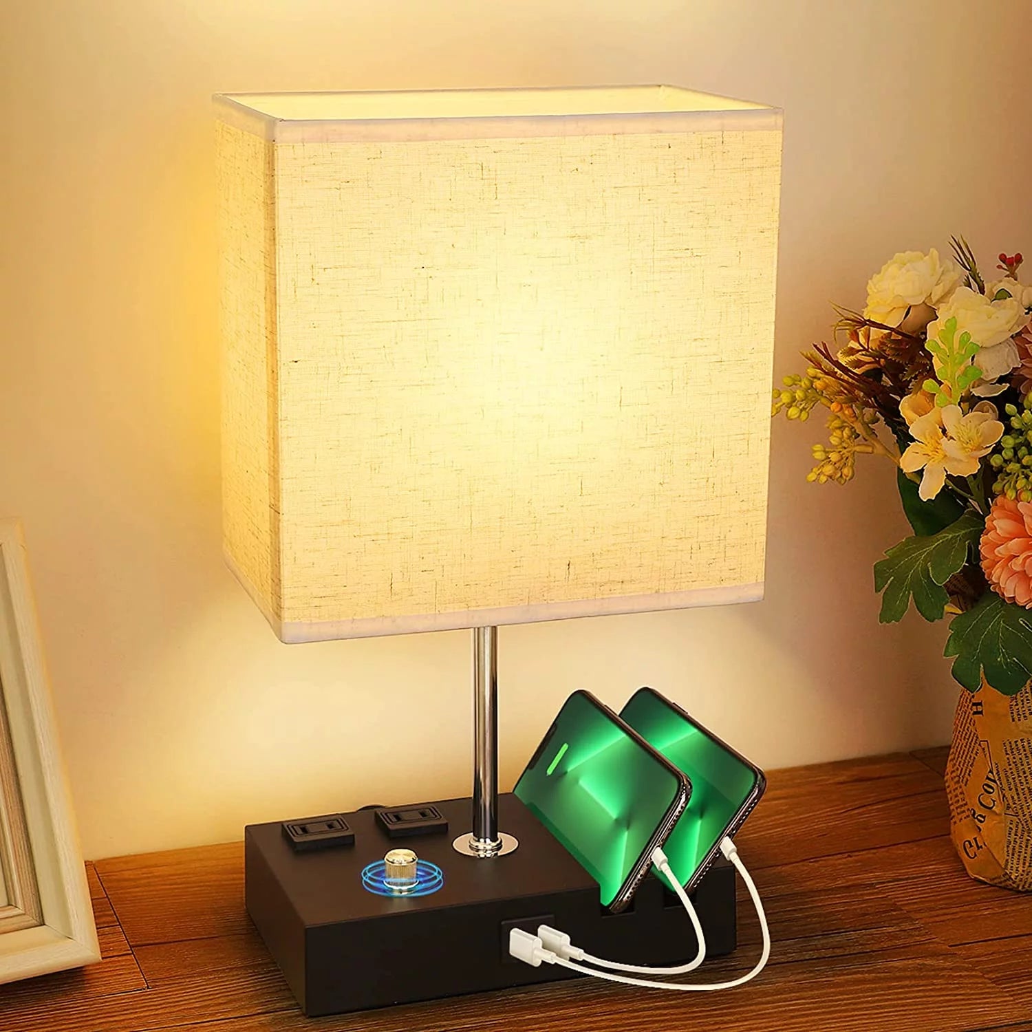 Dimmable Bedside Lamp with USB Charging & Phone Stands